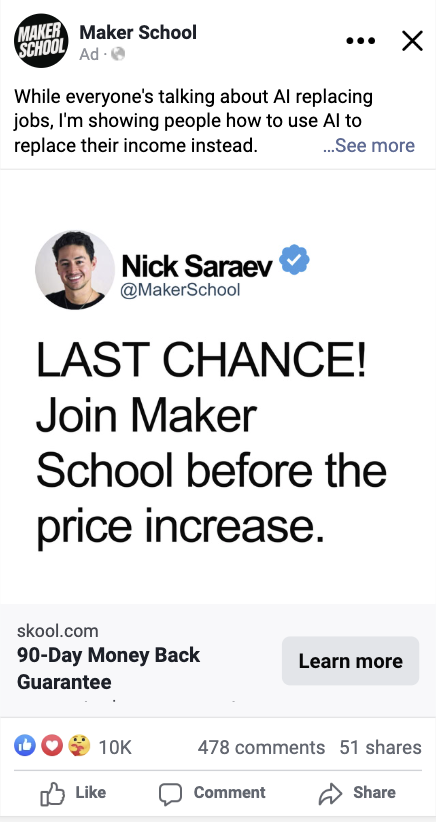 Concept sample static ad for a maker school, built around a price increase announcement